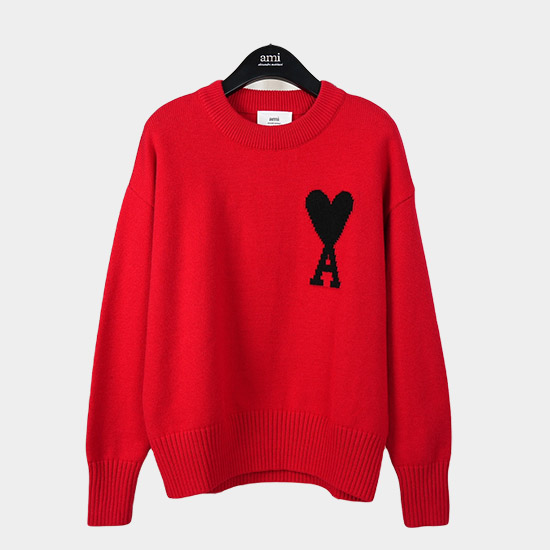 아미 남/녀 크루넥 니트 레드 - Ami Unisex Pink Knits am9023	